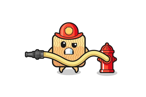 Raw Instant Noodle Cartoon Firefighter Mascot Water Hose Cute Design — стоковый вектор