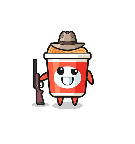 Instant Noodle Hunter Mascot Holding Gun Cute Design — Archivo Imágenes Vectoriales