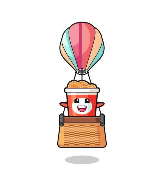 Instant Noodle Mascot Riding Hot Air Balloon Cute Design — Vector de stock