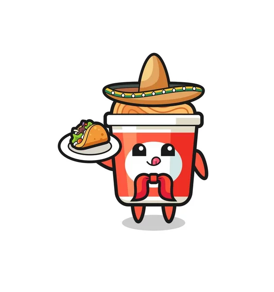 Instant Noodle Mexican Chef Mascot Holding Taco Cute Design — Stock vektor