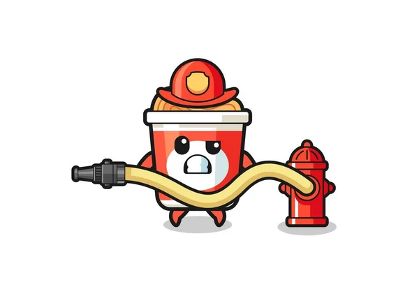 Instant Noodle Cartoon Firefighter Mascot Water Hose Cute Design —  Vetores de Stock