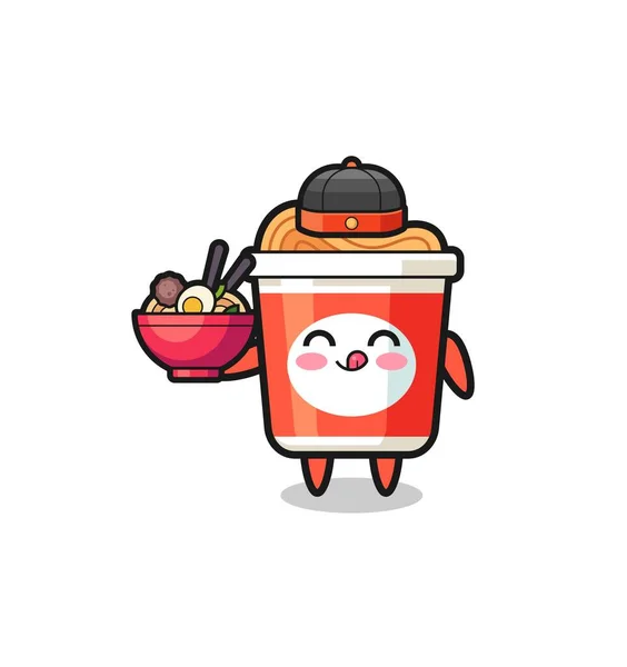 Instant Noodle Chinese Chef Mascot Holding Noodle Bowl Cute Design — Vettoriale Stock