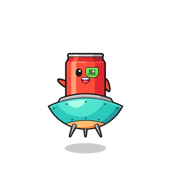 Drink Can Cartoon Riding Future Spaceship Cute Design — Vector de stock