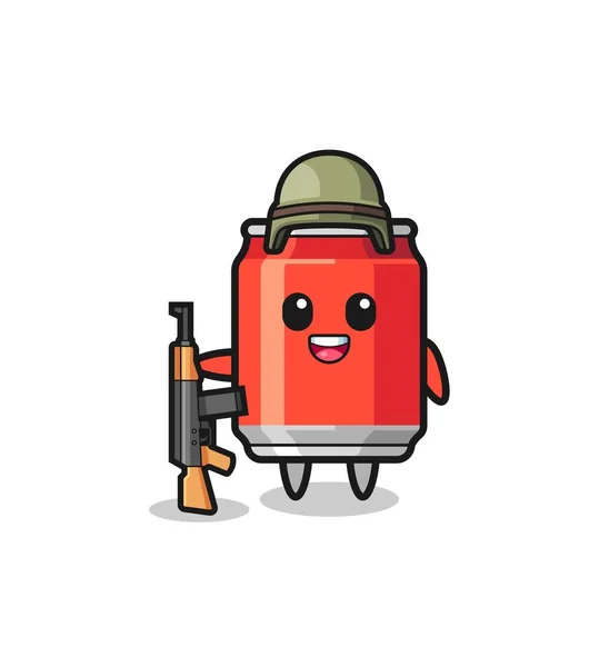 Cute Drink Can Mascot Soldier Cute Design — Archivo Imágenes Vectoriales