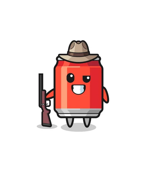 Drink Can Hunter Mascot Holding Gun Cute Design — Vector de stock