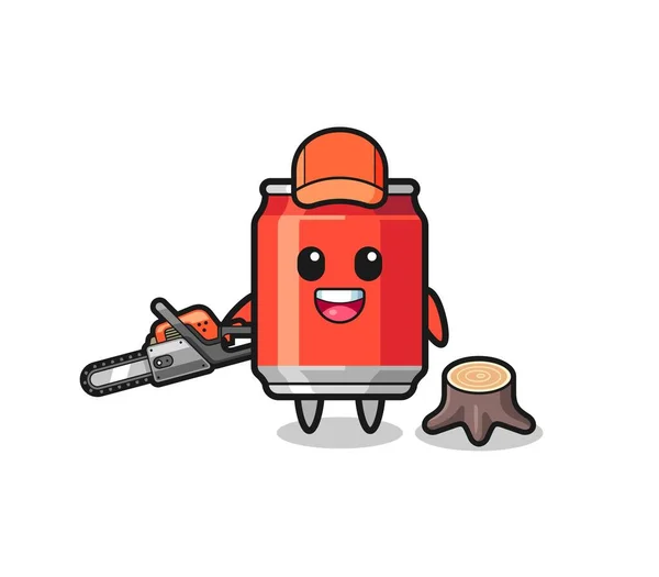 Drink Can Lumberjack Character Holding Chainsaw Cute Design —  Vetores de Stock