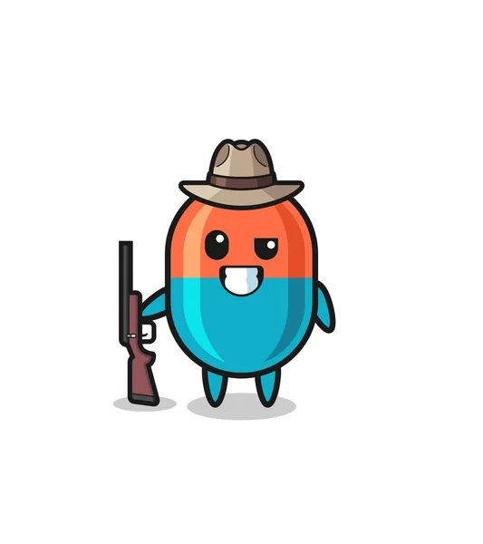 Capsule Hunter Mascot Holding Gun Cute Design —  Vetores de Stock