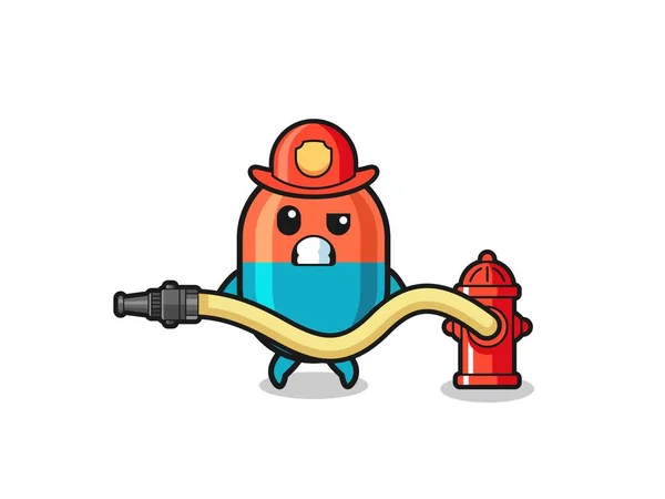 Capsule Cartoon Firefighter Mascot Water Hose Cute Design — стоковый вектор