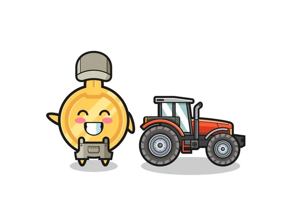 Key Farmer Mascot Standing Tractor Cute Design — Stockvektor