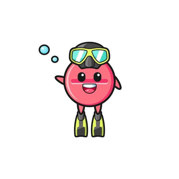 Medicine Tablet Diver Cartoon Character Cute Design — Vetor de Stock