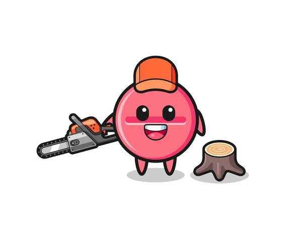 Medicine Tablet Lumberjack Character Holding Chainsaw Cute Design — Stockvector