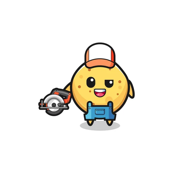 Woodworker Potato Chip Mascot Holding Circular Saw Cute Design — ストックベクタ