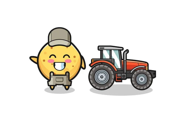 Mascota Del Agricultor Papas Fritas Pie Junto Tractor Lindo Diseño — Archivo Imágenes Vectoriales