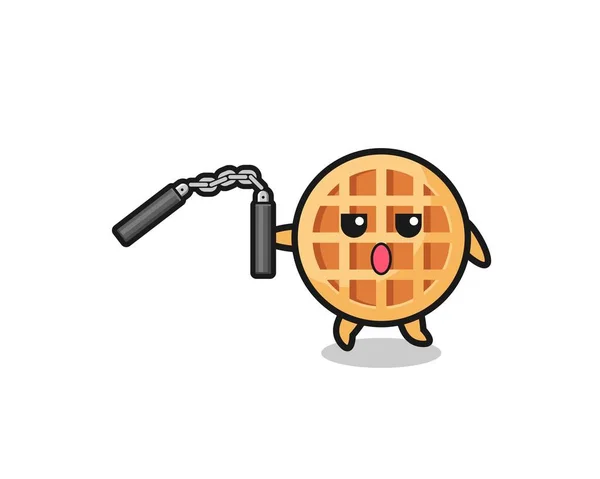 Cartoon Circle Waffle Using Nunchaku Cute Design — Stok Vektör