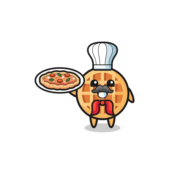 Circle Waffle Character Italian Chef Mascot Cute Design — Stock Vector