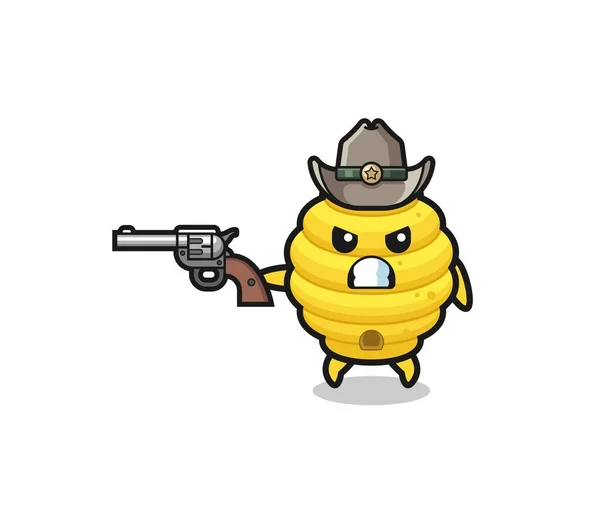 Bee Hive Cowboy Shooting Gun Cute Design — Stock Vector