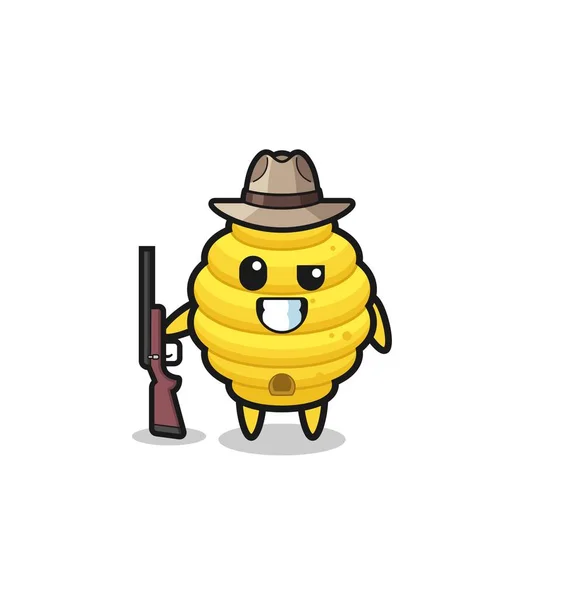 Bee Hive Hunter Mascot Holding Gun Cute Design — Stock Vector