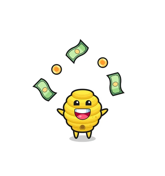 Illustration Bee Hive Catching Money Falling Sky Cute Design — стоковый вектор