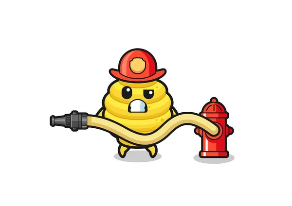 Bee Hive Cartoon Firefighter Mascot Water Hose Cute Design — Vettoriale Stock