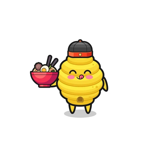 Bee Hive Chinese Chef Mascot Holding Noodle Bowl Cute Design — Stockvector