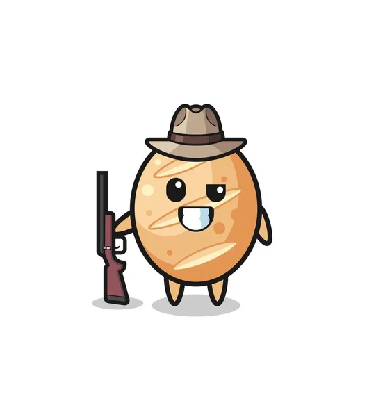 French Bread Hunter Mascot Holding Gun Cute Design — стоковий вектор