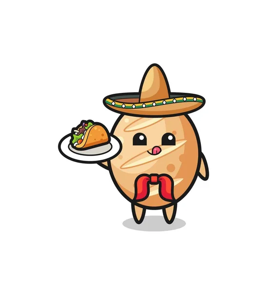 French Bread Mexican Chef Mascot Holding Taco Cute Design — Wektor stockowy