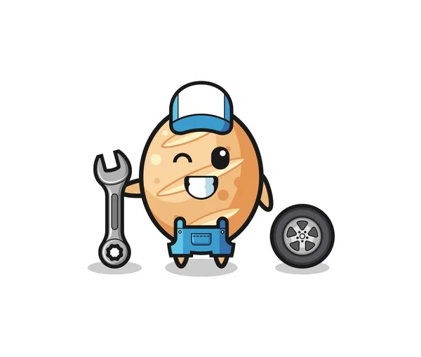 French Bread Character Mechanic Mascot Cute Design — Stockvector