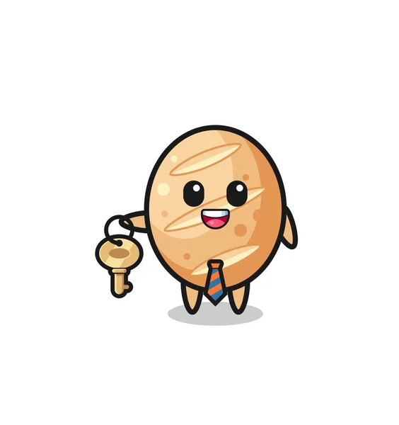 Cute French Bread Real Estate Agent Mascot Cute Design — Vetor de Stock