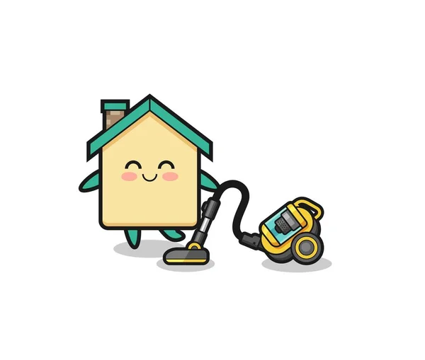 Cute House Holding Vacuum Cleaner Illustration Cute Design — стоковый вектор