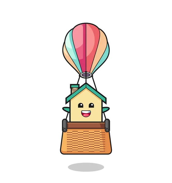 House Mascot Riding Hot Air Balloon Cute Design — Stock Vector