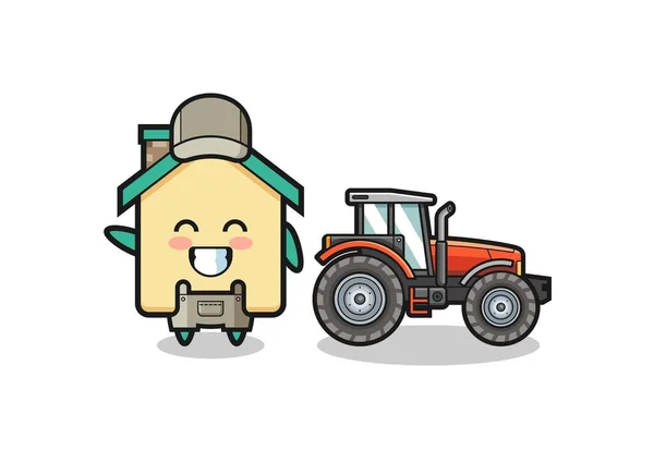 House Farmer Mascot Standing Tractor Cute Design — стоковый вектор