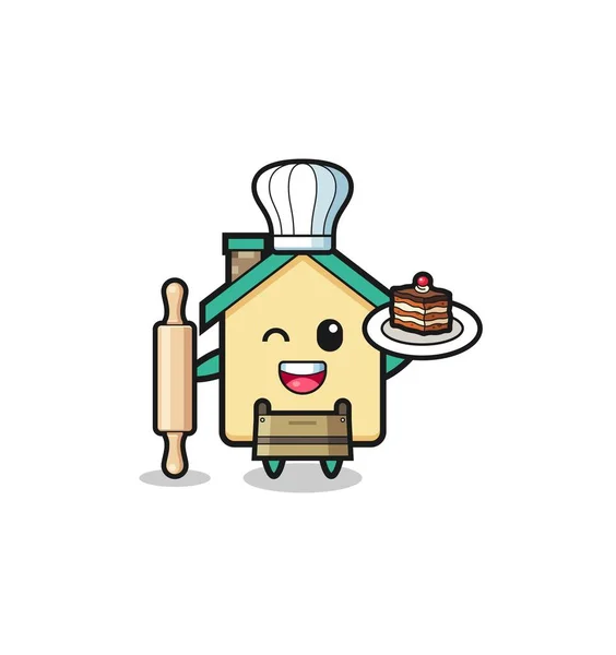 House Pastry Chef Mascot Hold Rolling Pin Cute Design — Stockvektor