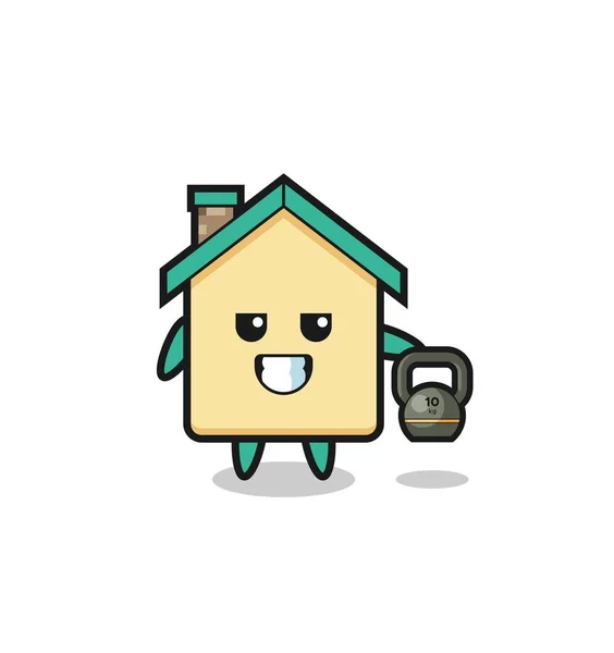 House Mascot Lifting Kettlebell Gym Cute Design — стоковый вектор