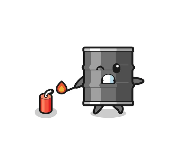 Oil Drum Mascot Illustration Playing Firecracker Cute Design — Stok Vektör