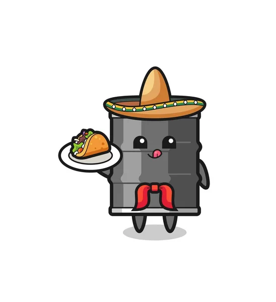 Oil Drum Mexican Chef Mascot Holding Taco Cute Design — Stock vektor