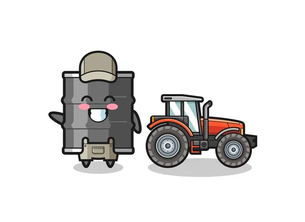 Oil Drum Farmer Mascot Standing Tractor Cute Design — Stock Vector