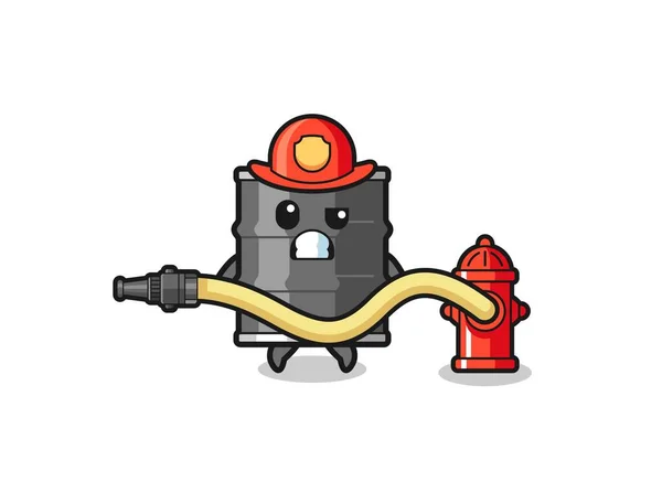 Oil Drum Cartoon Firefighter Mascot Water Hose Cute Design — стоковый вектор