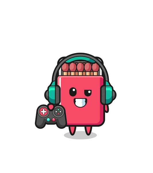 Matches Box Gamer Mascot Holding Game Controller Cute Design — Vector de stock