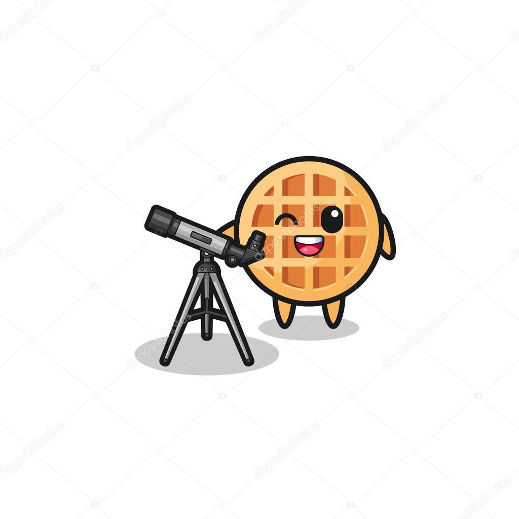 circle waffle astronomer mascot with a modern telescope , cute design