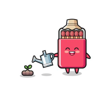 cute matches box is watering plant seeds , cute design