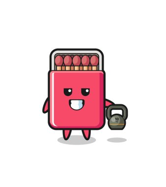 matches box mascot lifting kettlebell in the gym , cute design