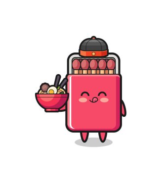 matches box as Chinese chef mascot holding a noodle bowl , cute design
