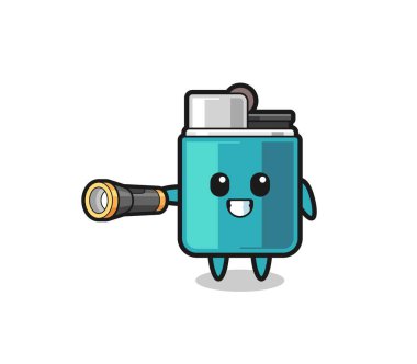 lighter mascot holding flashlight , cute design