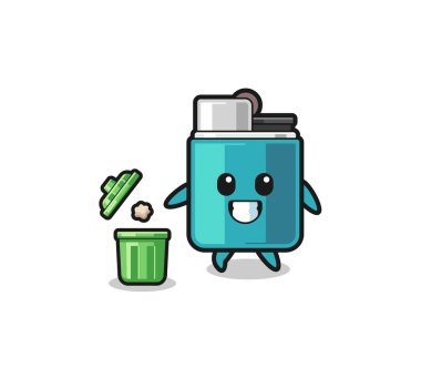 illustration of the lighter throwing garbage in the trash can , cute design