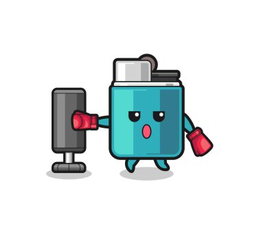 lighter boxer cartoon doing training with punching bag , cute design