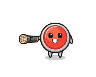 emergency panic button mascot holding flashlight , cute design