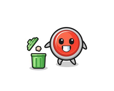 illustration of the emergency panic button throwing garbage in the trash can , cute design
