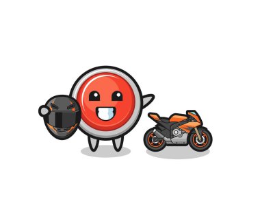 cute emergency panic button cartoon as a motorcycle racer , cute design
