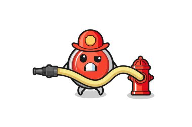 emergency panic button cartoon as firefighter mascot with water hose , cute design