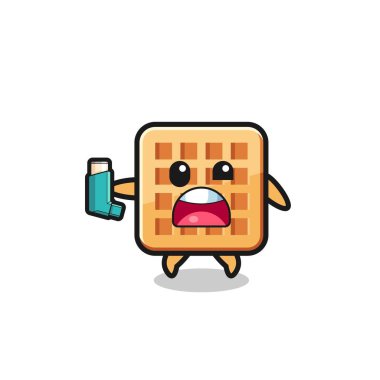 waffle mascot having asthma while holding the inhaler , cute design